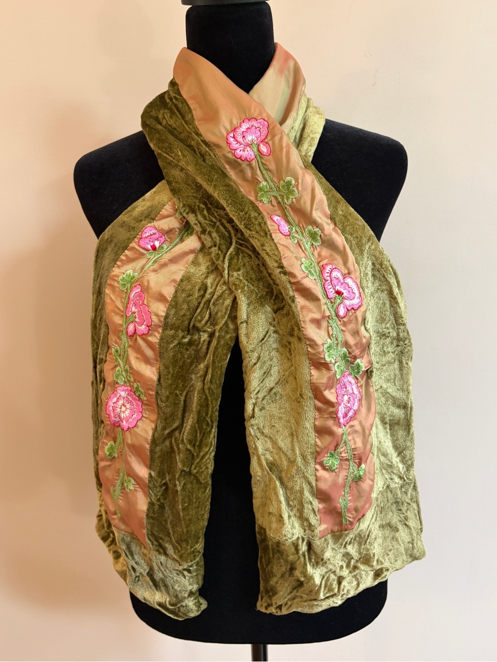 Two’s Company Vintage Embroidered Floral Olive Green Crushed Velvet Scarf